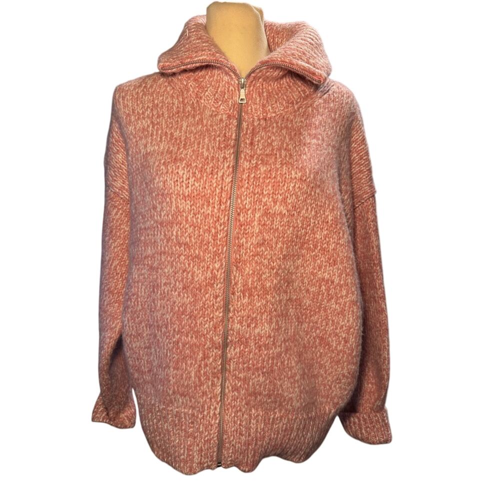 Ann Taylor Weekend Pink Marled Chunky Knit Zip Up Cardigan Sweater, Large
